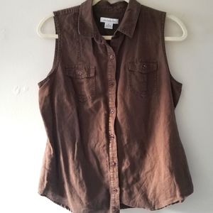 Liz Claiborne Womens Sleeveless Loose Fit Button Down Shirt, L